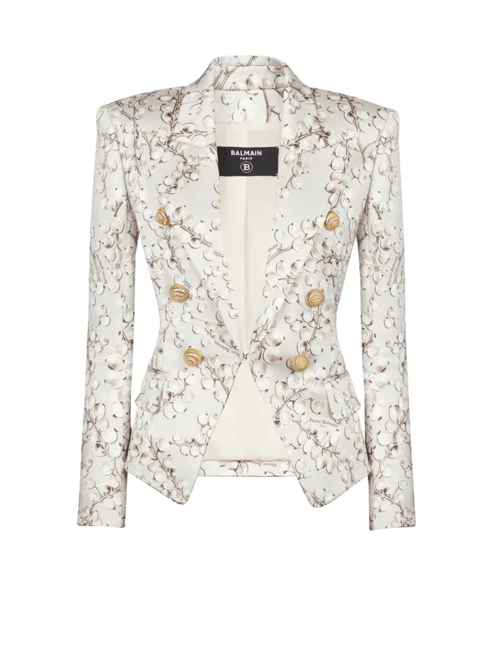 6button Satin Jacket With Redcurrant Print Beige Women Balmain Jackets And Blazers