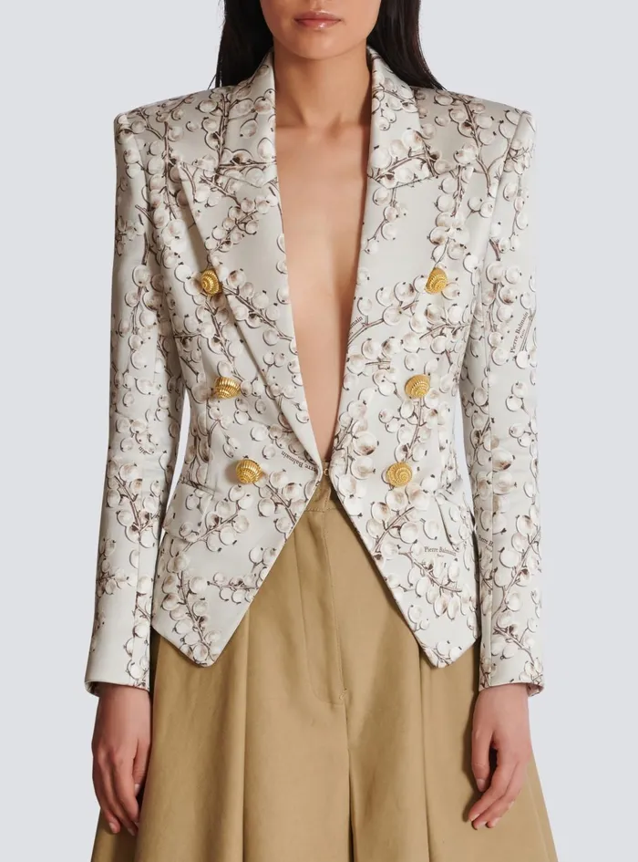 6button Satin Jacket With Redcurrant Print Beige Women Balmain Jackets And Blazers