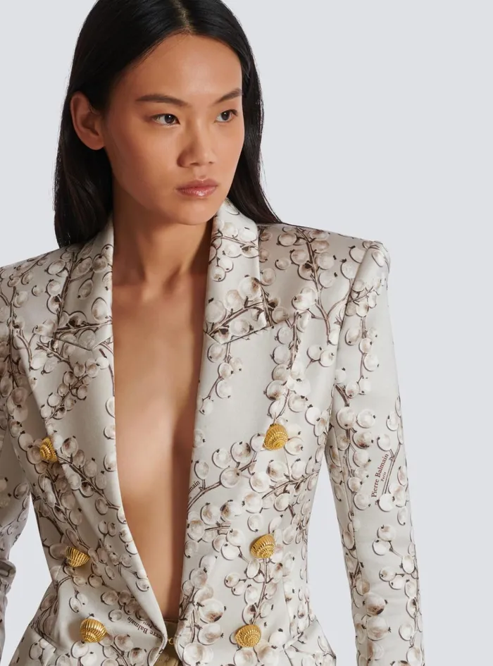 6button Satin Jacket With Redcurrant Print Beige Women Balmain Jackets And Blazers
