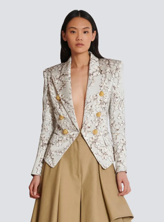 6button Satin Jacket With Redcurrant Print Beige Women Balmain Jackets And Blazers