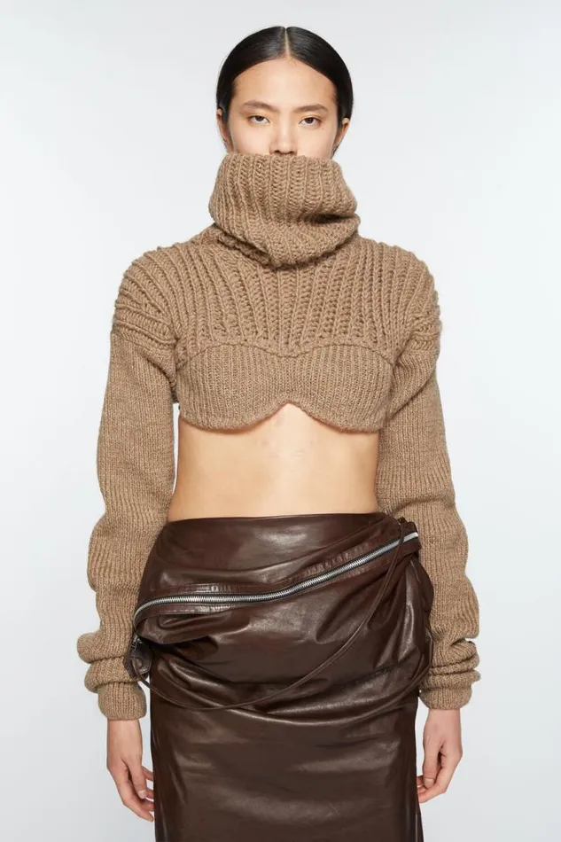 Acne Studios Cropped High Neck Knit Camel Beige Women Knitwear