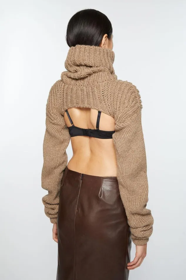 Acne Studios Cropped High Neck Knit Camel Beige Women Knitwear