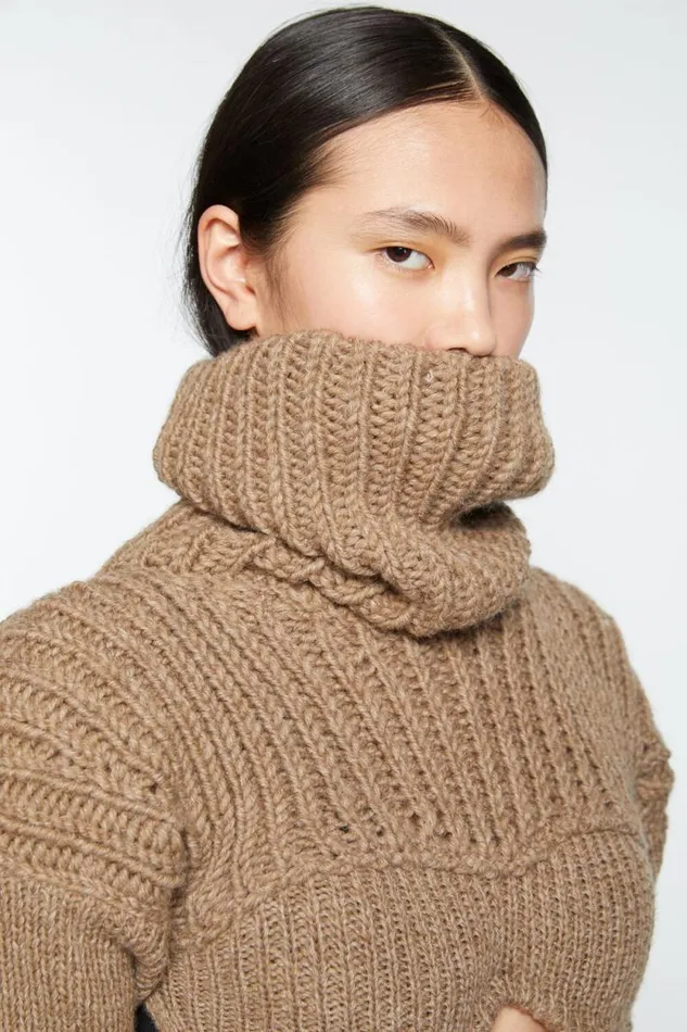 Acne Studios Cropped High Neck Knit Camel Beige Women Knitwear