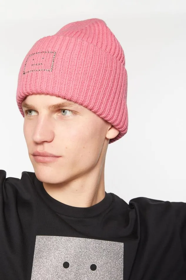 Acne Studios Embellished Face Logo Beanie Tango Pink Men Face Collection