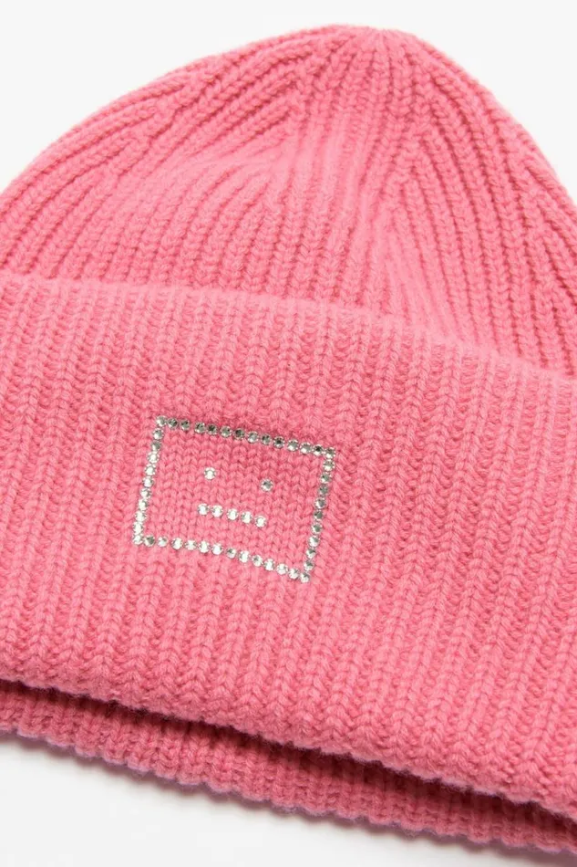 Acne Studios Embellished Face Logo Beanie Tango Pink Men Face Collection