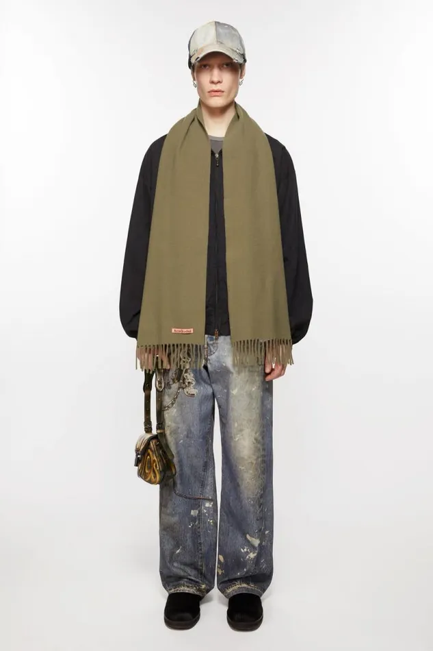 Acne Studios Fringe Wool Scarf 8211 Skinny Khaki Green Men Scarves Acne Studios Fringe Wool Scarf 8211 Skinny Khaki Green Men Scarves