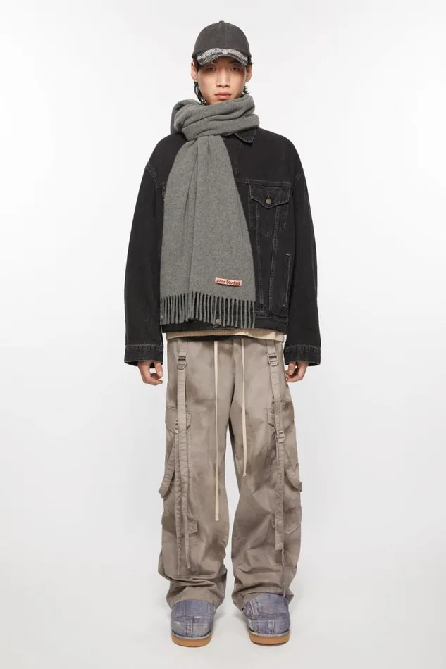 Acne Studios Fringe Wool Scarf Narrow Grey Melange Women Scarves
