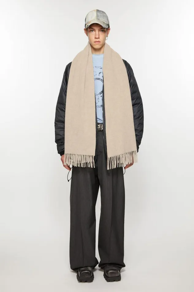 Acne Studios Fringe Wool Scarf Narrow Oatmeal Melange Women Scarves Acne Studios Fringe Wool Scarf Narrow Oatmeal Melange Women Scarves