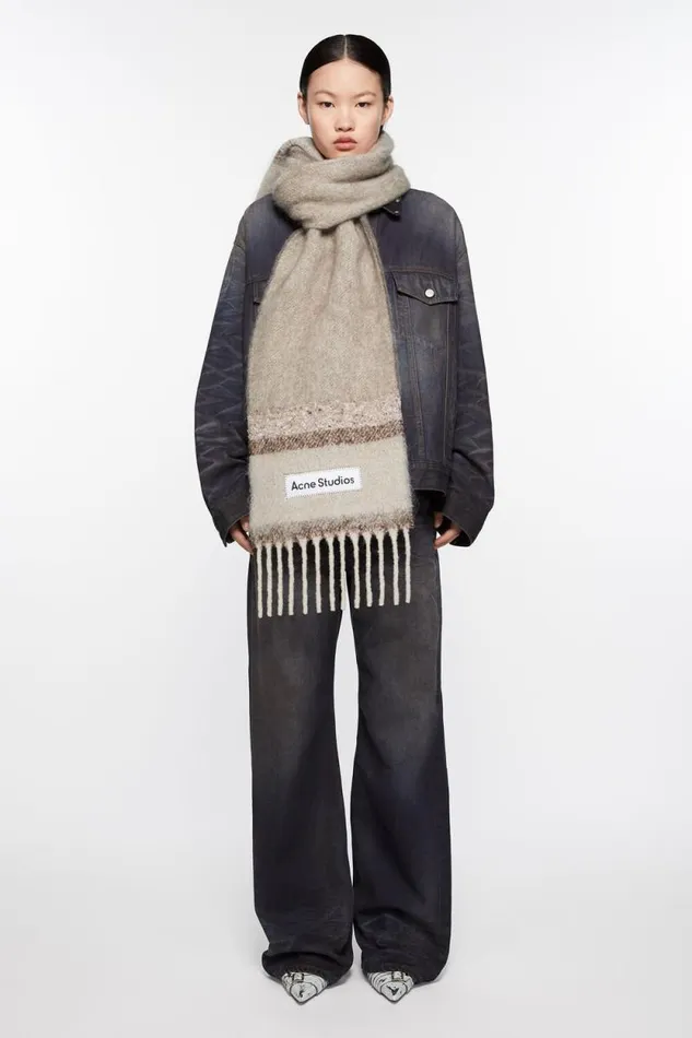 Acne Studios Fringed Scarf Logo Brownbeige Men Scarves Acne Studios Fringed Scarf Logo Brownbeige Men Scarves
