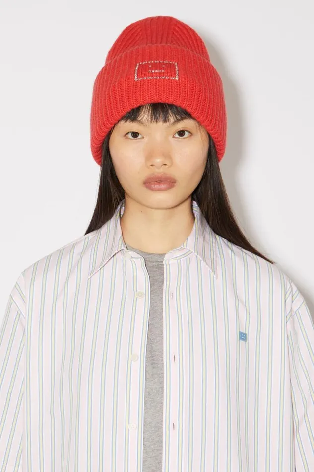 Acne Studios Large Face Logo Beanie Sharp Red Women Hats