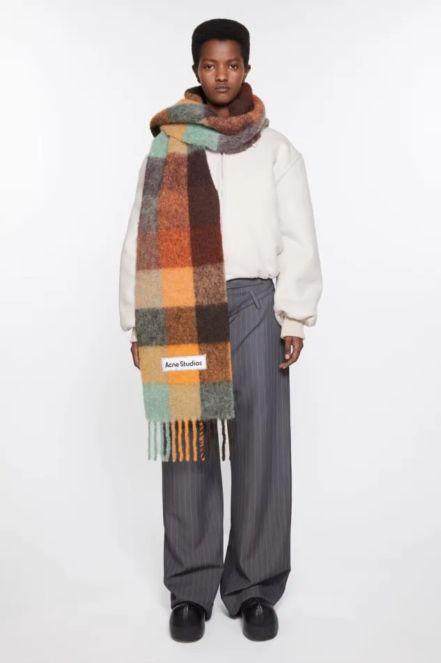 Acne Studios Mohair Checked Scarf Chestnut Brownyellowgreen Men Scarves