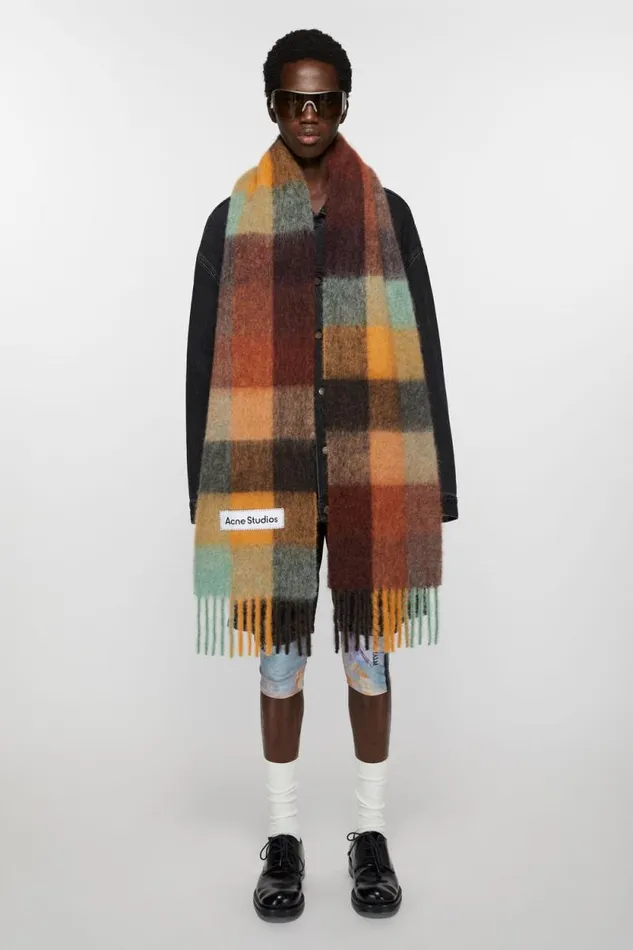 Acne Studios Mohair Checked Scarf Chestnut Brownyellowgreen Men Scarves