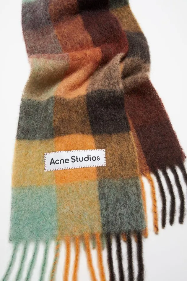Acne Studios Mohair Checked Scarf Chestnut Brownyellowgreen Men Scarves