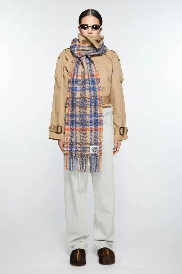 Acne Studios Plaid Fringe Scarf Beigeblue Men Scarves Acne Studios Plaid Fringe Scarf Beigeblue Men Scarves
