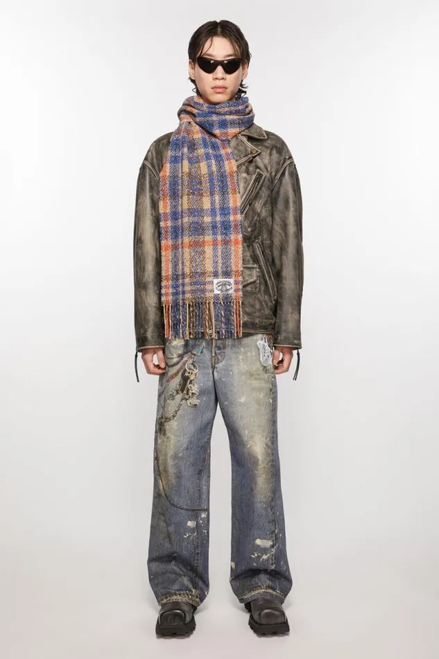 Acne Studios Plaid Fringe Scarf Beigeblue Men Scarves Acne Studios Plaid Fringe Scarf Beigeblue Men Scarves