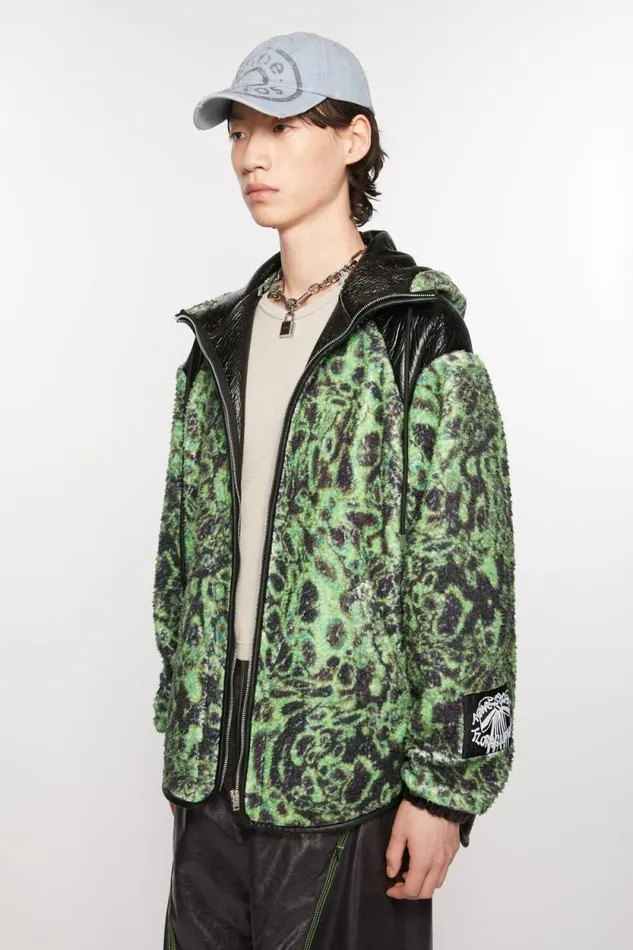Acne Studios Printed Fleece Hooded Jacket Greenblack Men Outerwear