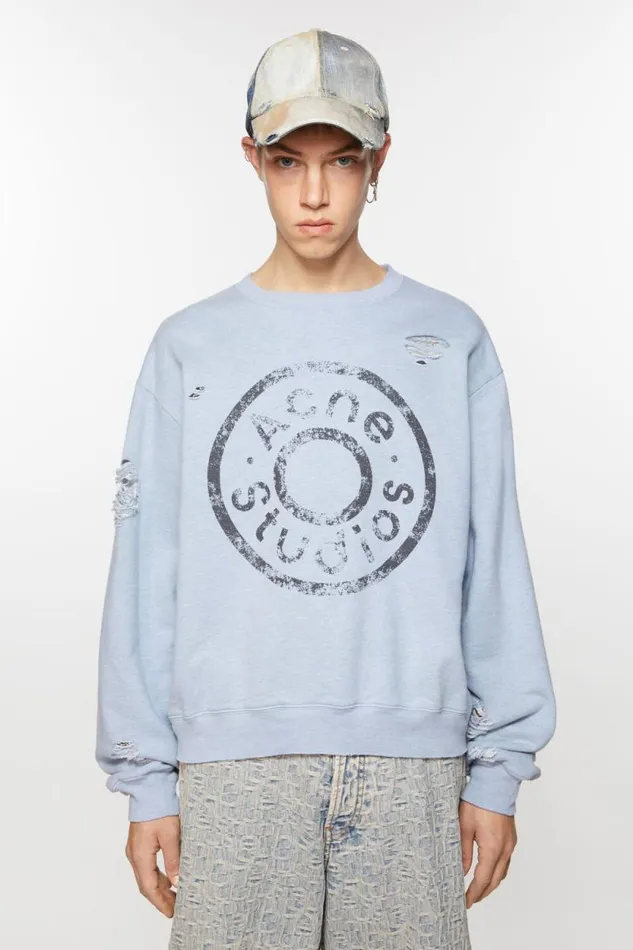 Acne Studios Sweater Logo Print Distressed Blue Melange Men Sweatshirts