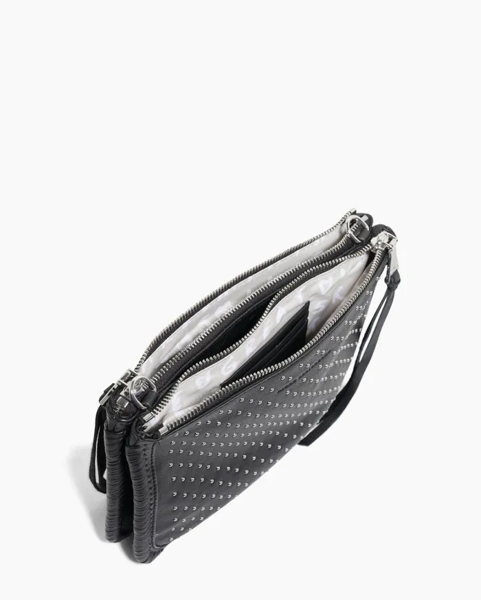 Aimee Kestenberg Crossbody Bags Women Famous Double Top Zip Crossbody Black With Shiny Silver Studs