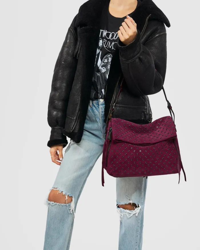 Aimee Kestenberg Hobos Women Bali Novelty Double Entry Hobo In Luxury Suede Berry With Eyelets