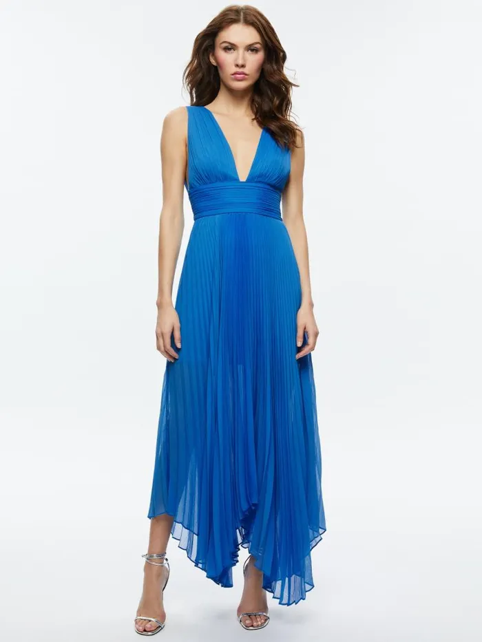Alice Olivia ADRIANNA PLEATED MAXI DRESS French Blue Women Dresses