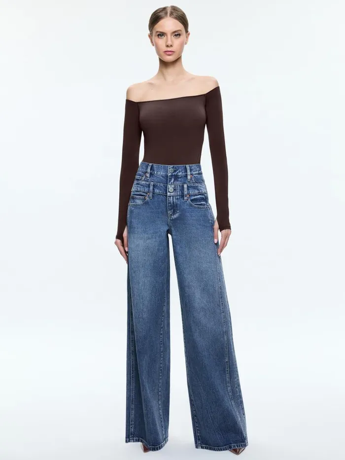 Alice Olivia ANNA OFF THE SHOULDER LONG SLEEVE BODYSUIT Espresso Women Tops