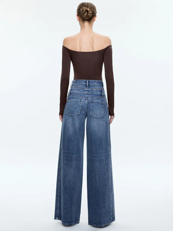 Alice Olivia ANNA OFF THE SHOULDER LONG SLEEVE BODYSUIT Espresso Women Tops