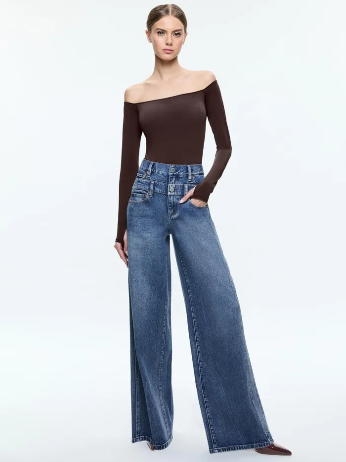 Alice Olivia ANNA OFF THE SHOULDER LONG SLEEVE BODYSUIT Espresso Women Tops