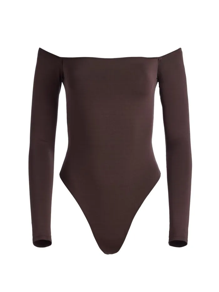 Alice Olivia ANNA OFF THE SHOULDER LONG SLEEVE BODYSUIT Espresso Women Tops