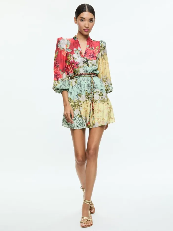 Alice Olivia ANTONETTE LONG SLEEVE BUTTON FRONT MINI DRESS Oakley Women Dresses
