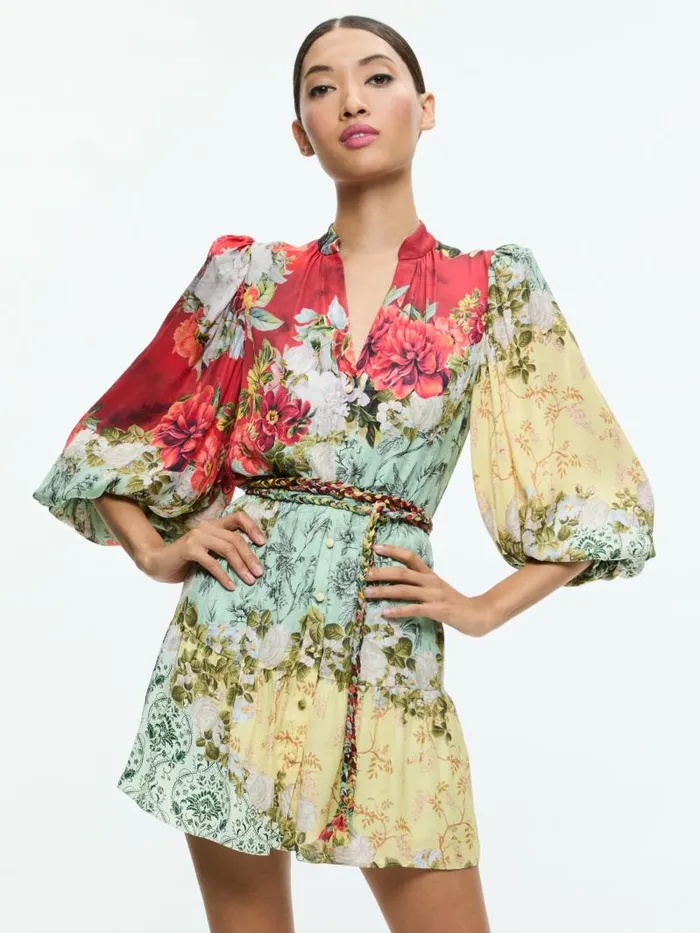 Alice Olivia ANTONETTE LONG SLEEVE BUTTON FRONT MINI DRESS Oakley Women Dresses