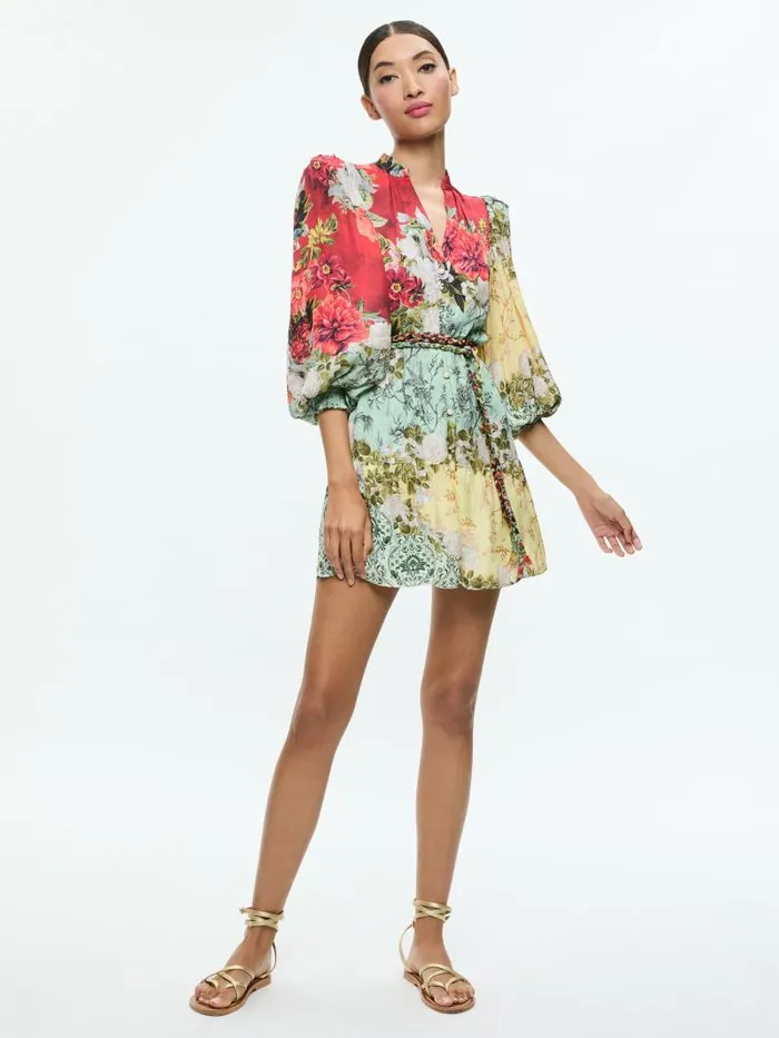 Alice Olivia ANTONETTE LONG SLEEVE BUTTON FRONT MINI DRESS Oakley Women Dresses