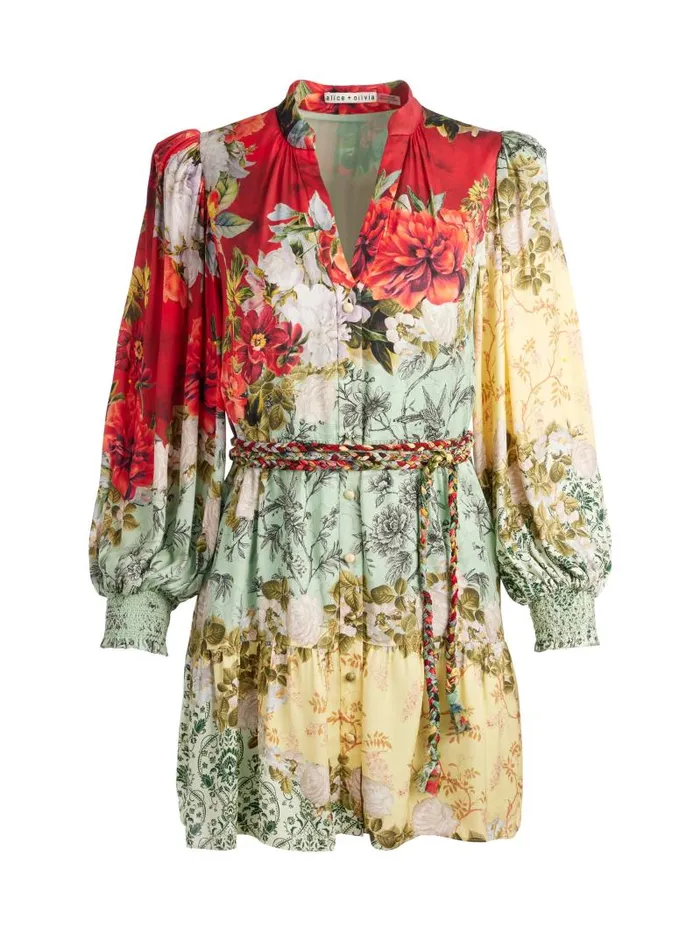 Alice Olivia ANTONETTE LONG SLEEVE BUTTON FRONT MINI DRESS Oakley Women Dresses