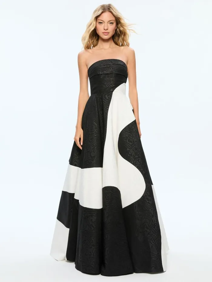 Alice Olivia BRIDGETTE STRAPLESS COLORBLOCK FLARED MAXI GOWN Blackoff White Women Dresses