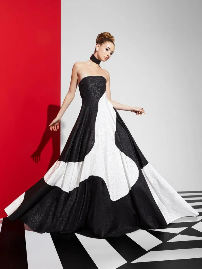 Alice Olivia BRIDGETTE STRAPLESS COLORBLOCK FLARED MAXI GOWN Blackoff White Women Dresses