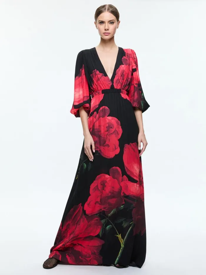Alice Olivia CLARISSA DEEP V GODET MAXI DRESS Peony Petals Bright Ruby Women Dresses