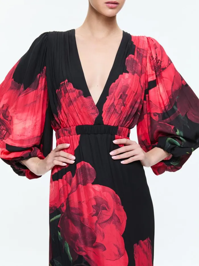 Alice Olivia CLARISSA DEEP V GODET MAXI DRESS Peony Petals Bright Ruby Women Dresses