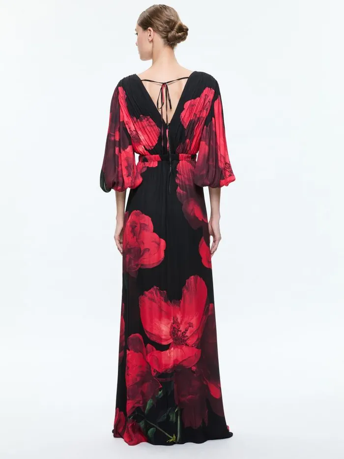 Alice Olivia CLARISSA DEEP V GODET MAXI DRESS Peony Petals Bright Ruby Women Dresses
