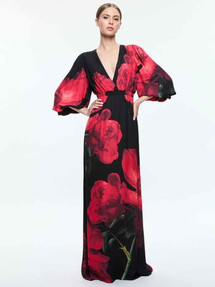Alice Olivia CLARISSA DEEP V GODET MAXI DRESS Peony Petals Bright Ruby Women Dresses