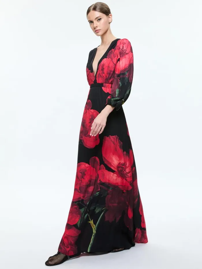Alice Olivia CLARISSA DEEP V GODET MAXI DRESS Peony Petals Bright Ruby Women Dresses