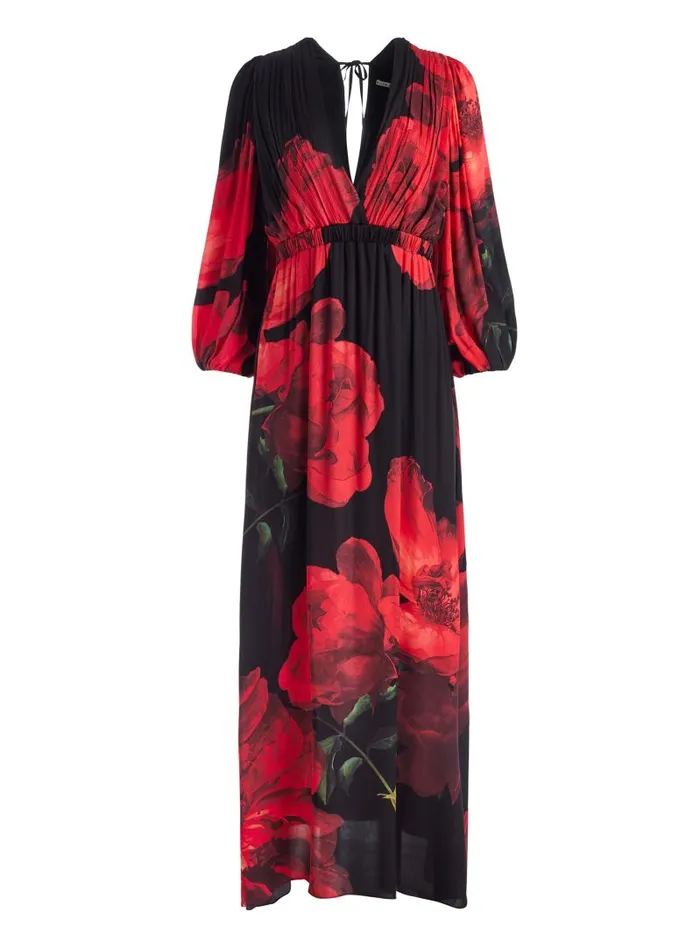 Alice Olivia CLARISSA DEEP V GODET MAXI DRESS Peony Petals Bright Ruby Women Dresses