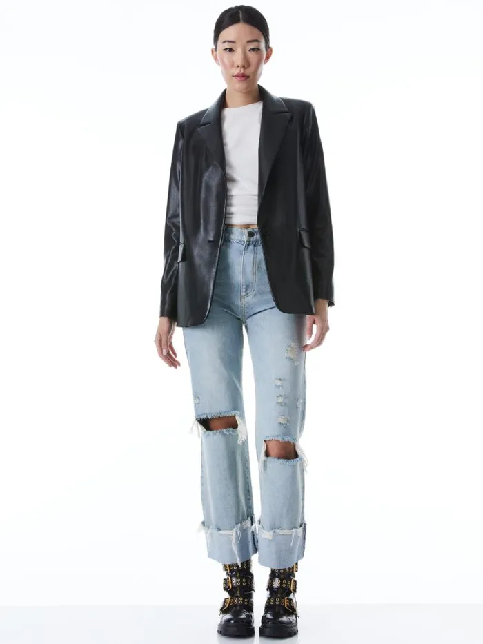 Alice Olivia DENNY VEGAN LEATHER NOTCH COLLAR BLAZER Black Women Jackets Coats