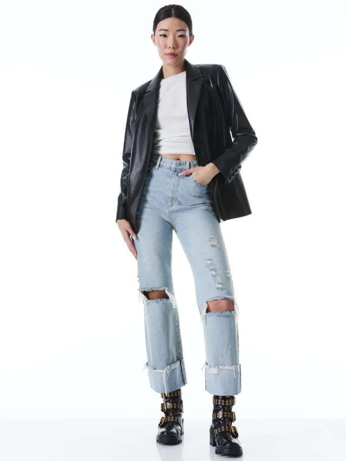 Alice Olivia DENNY VEGAN LEATHER NOTCH COLLAR BLAZER Black Women Jackets Coats