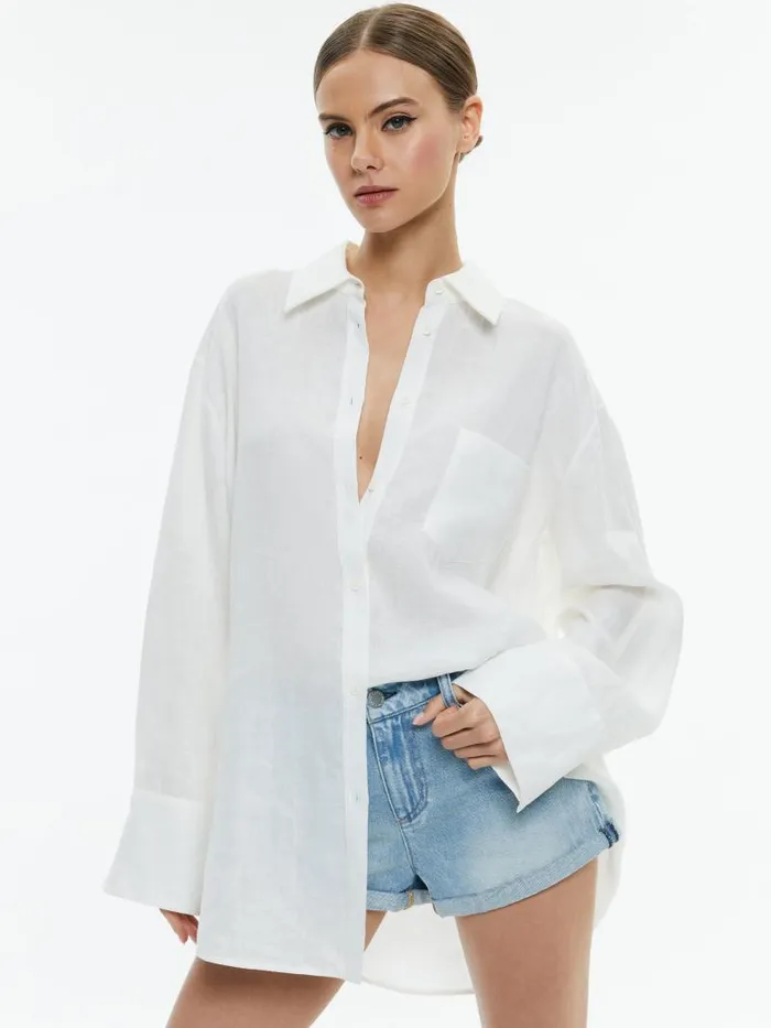 Alice Olivia FINELY LINEN OVERSIZED BUTTON DOWN SHIRT Off White Women Tops