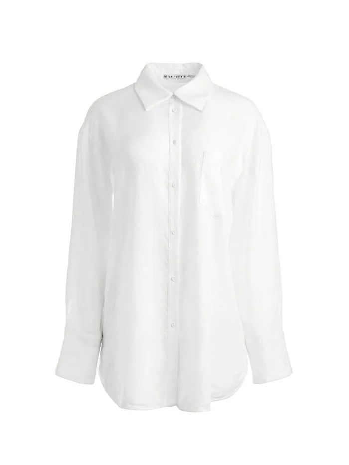 Alice Olivia FINELY LINEN OVERSIZED BUTTON DOWN SHIRT Off White Women Tops