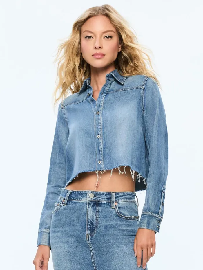 Alice Olivia FINELY SHORT RAW HEM BUTTON DOWN WITH WESTERN DETAIL Brooklyn Blue Women Tops