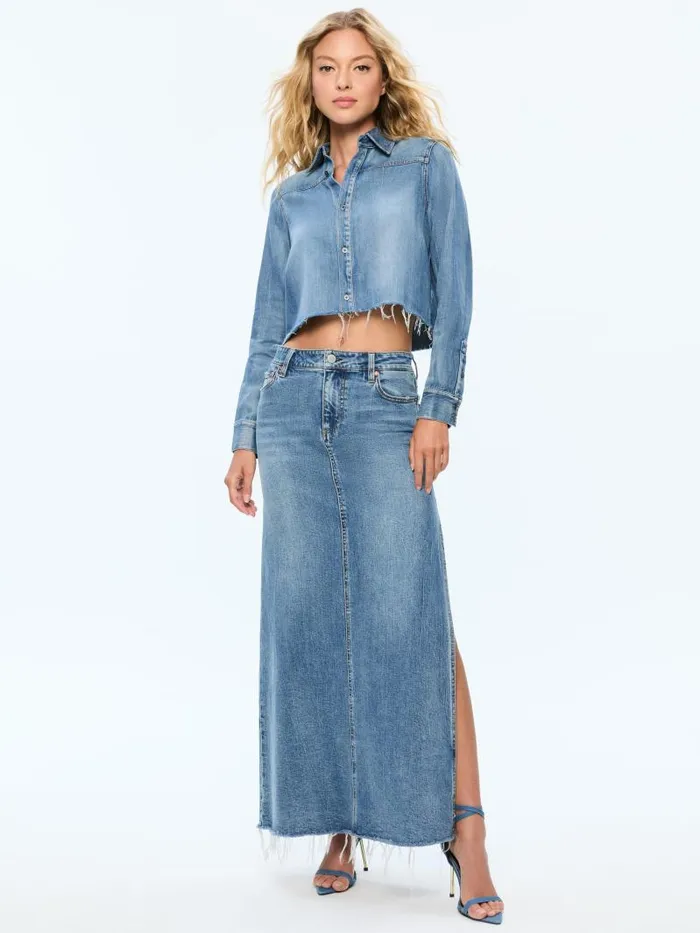 Alice Olivia FINELY SHORT RAW HEM BUTTON DOWN WITH WESTERN DETAIL Brooklyn Blue Women Tops
