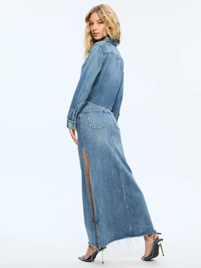 Alice Olivia FINELY SHORT RAW HEM BUTTON DOWN WITH WESTERN DETAIL Brooklyn Blue Women Tops