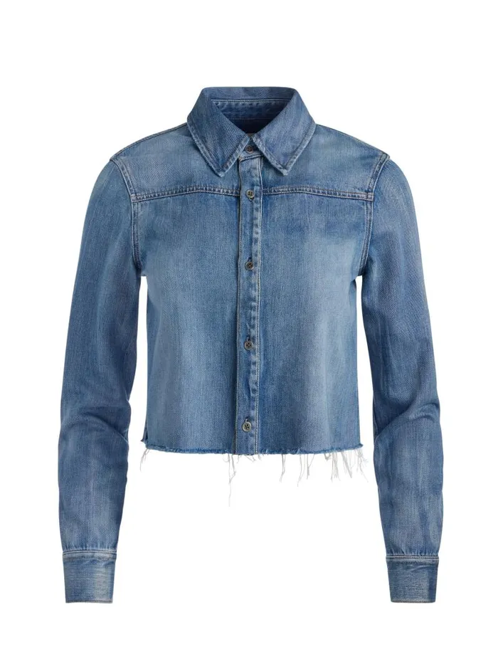 Alice Olivia FINELY SHORT RAW HEM BUTTON DOWN WITH WESTERN DETAIL Brooklyn Blue Women Tops