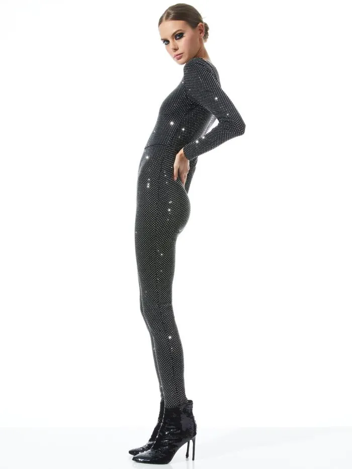 Alice Olivia FREDDIE CREWNECK EMBELLISHED CATSUIT Blacksilver Women Jumpsuits Rompers