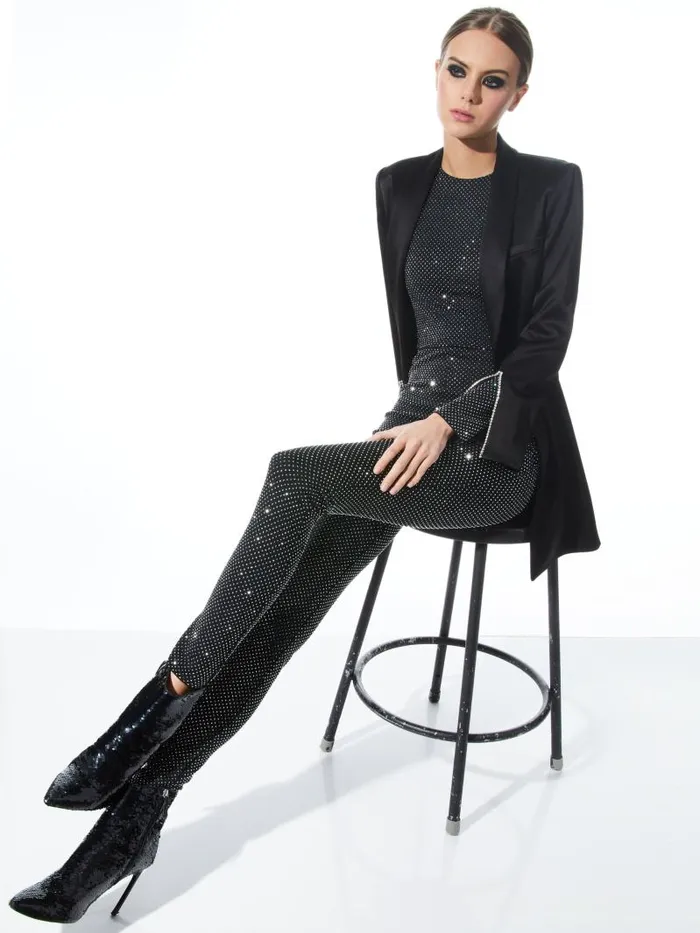 Alice Olivia FREDDIE CREWNECK EMBELLISHED CATSUIT Blacksilver Women Jumpsuits Rompers